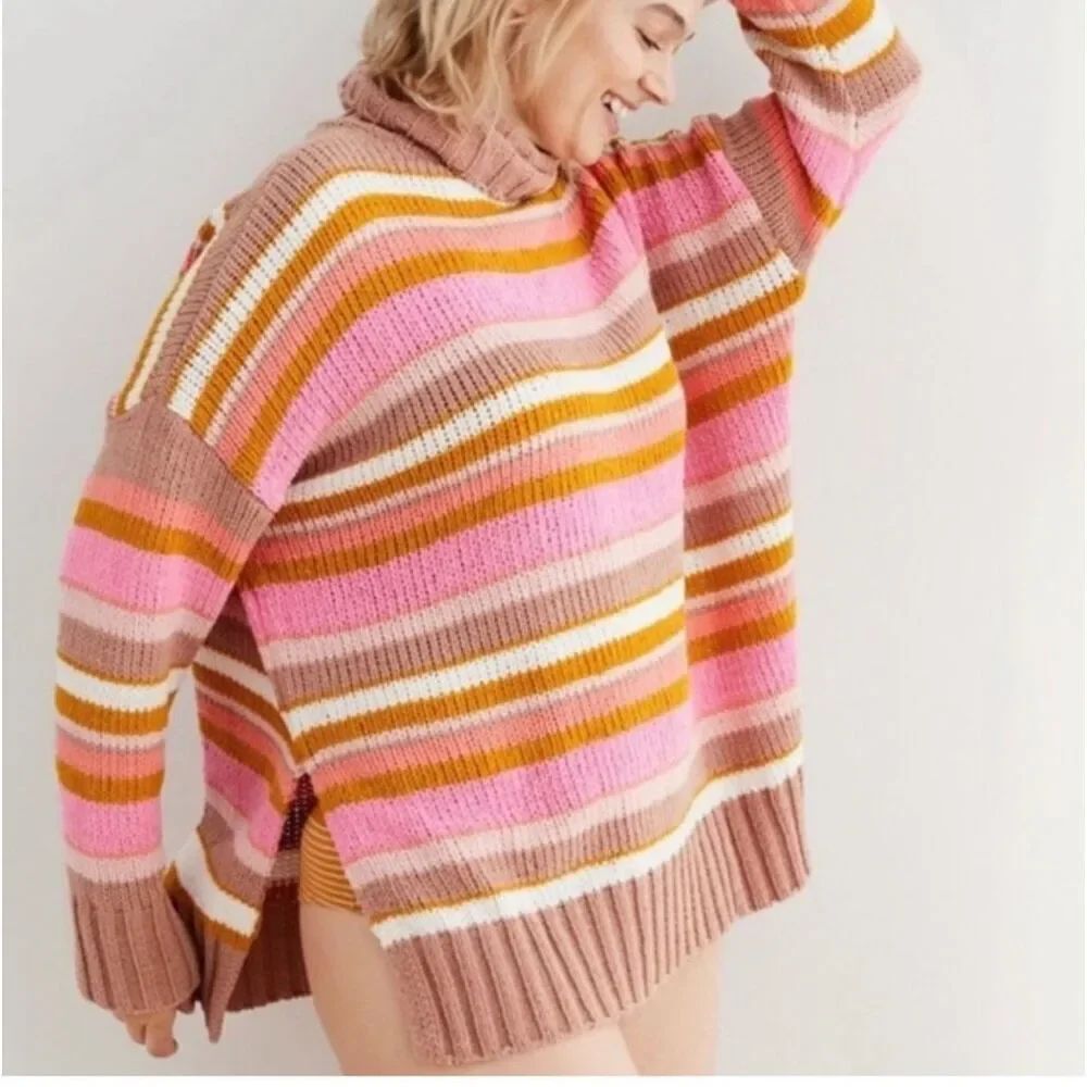 Aerie soft Striped Chenille Cable Knit Turtleneck Sweater Sunset oversized Sz S